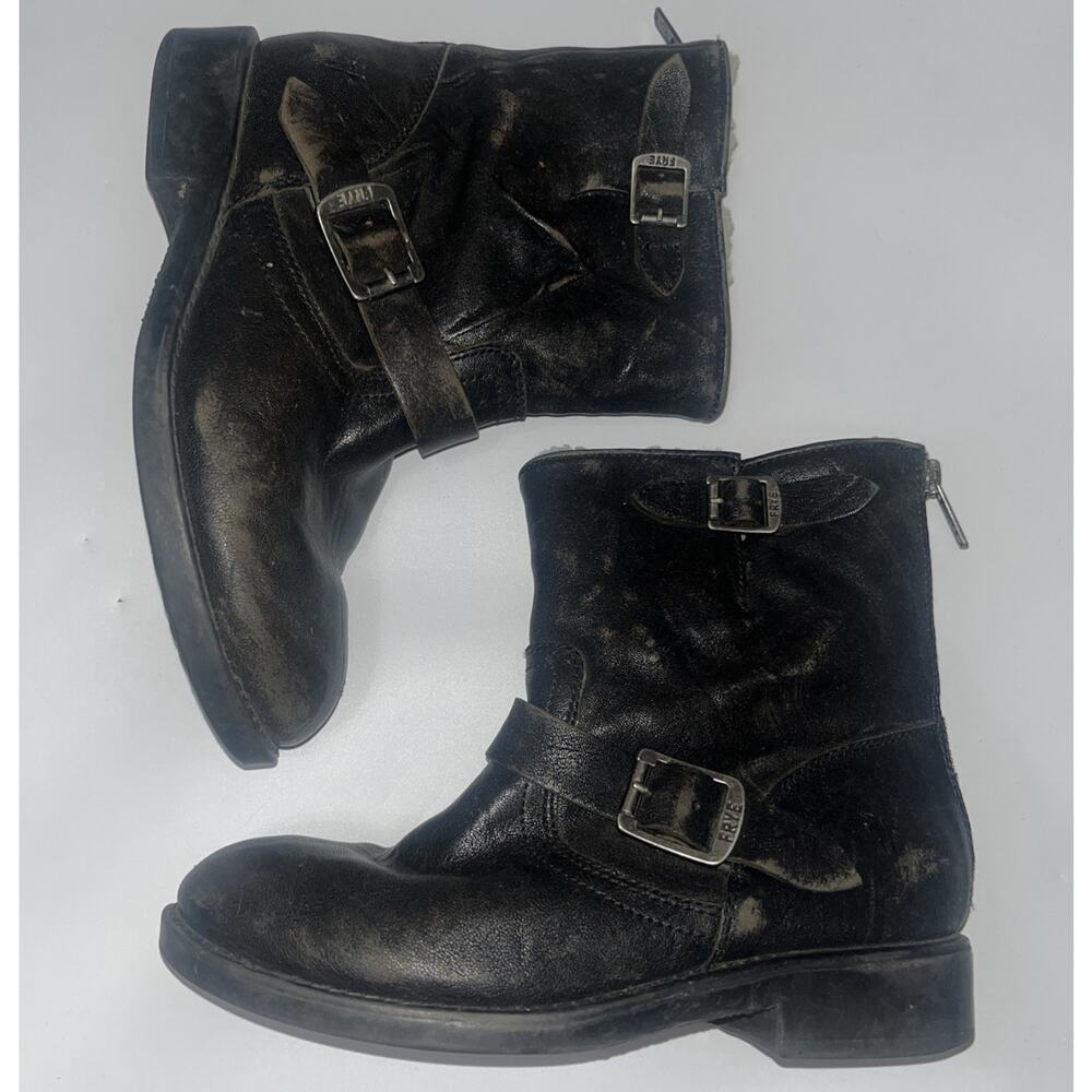 Women’s Frye Fur Lined Brown Leather Biker Boots Sz 5.5 Distressed Moto